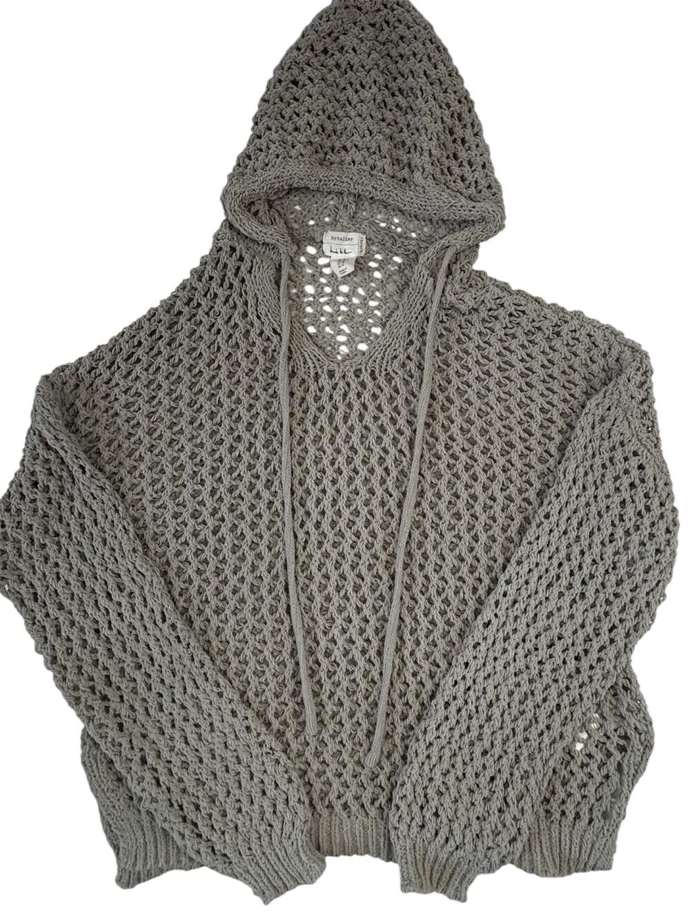 Artelier Nicole Miller Grey Open Knit Crochet Hoodie Sweater Size M